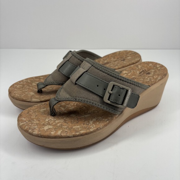 Clarks Cloudsteppers Step Cali Sail Women's US 7 Olive Canvas Wedge Thong Sandal - Picture 1 of 16